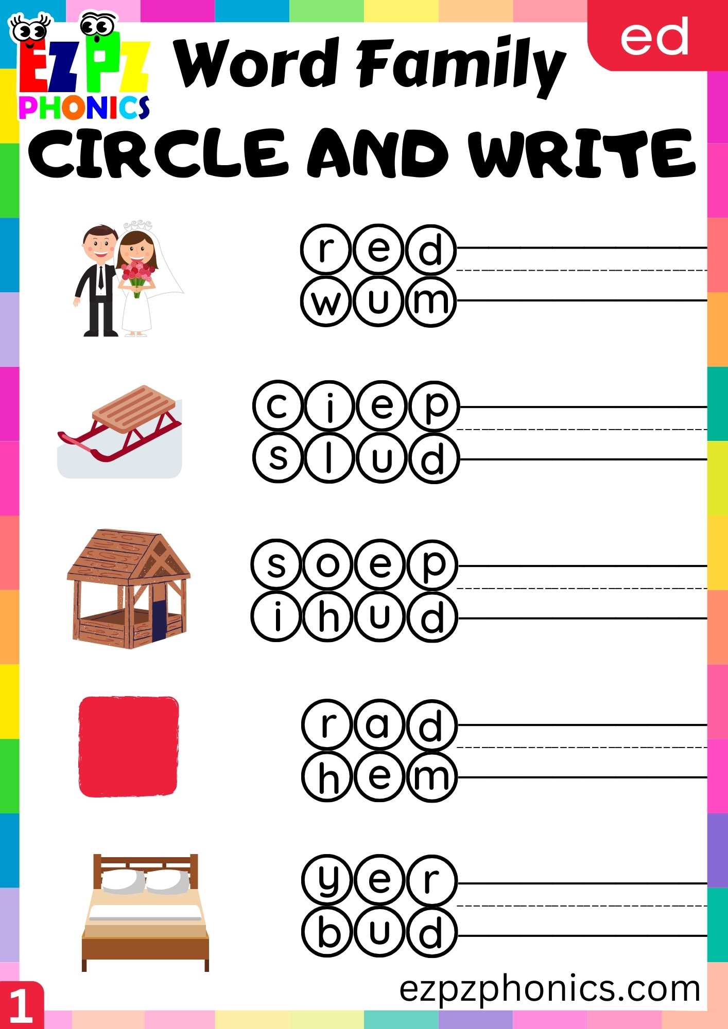 ED Words Circle And Write Phonics Word Families Worksheet